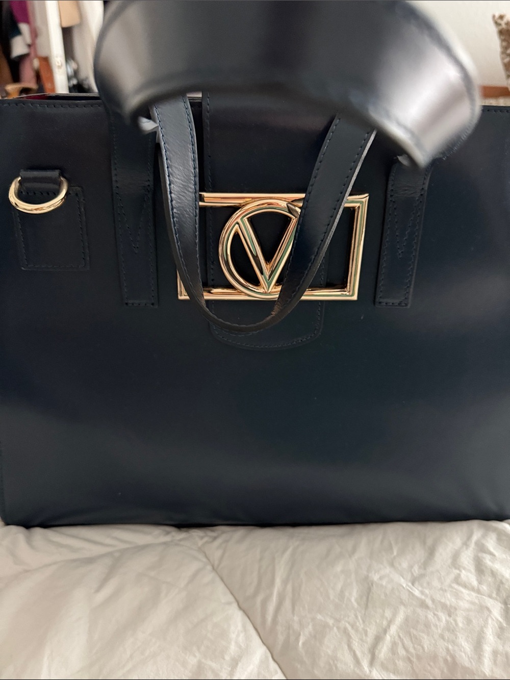 Valentino Women's navy blue  Leather handbag with Gold Logo Hardware